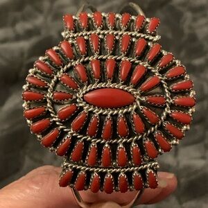 Vintage Zuni Red Coral Cluster Petite Point Cuff Bracelet Signed B 28.53 grams